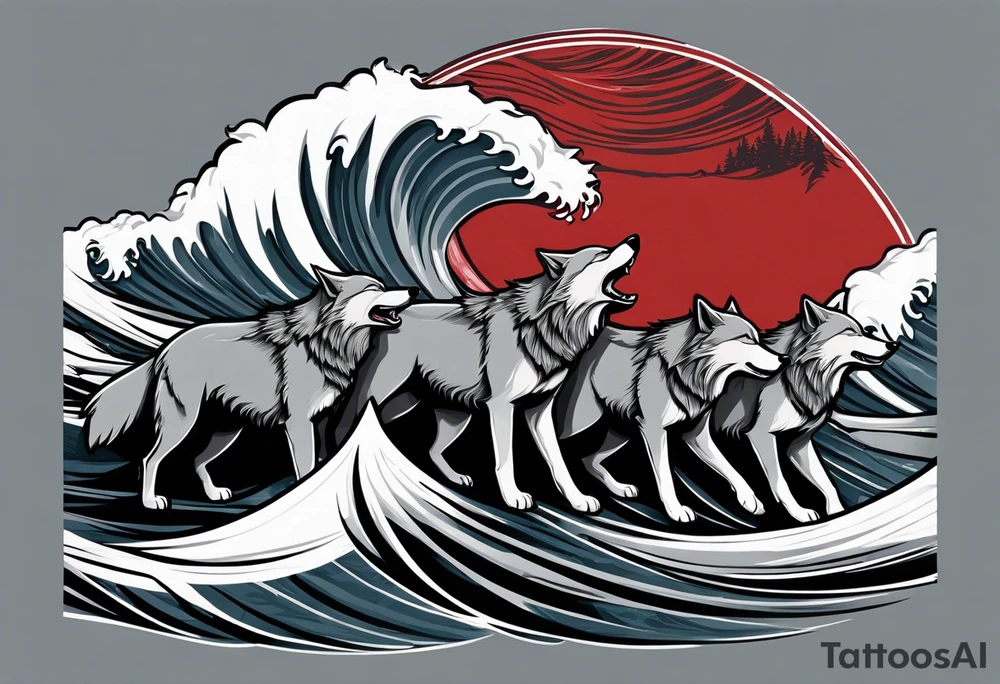 a pack of 3 howling muscular  gray wolves surfing waves with a linear background with red, white and black and gray including the word Howler in an aggressive script font tattoo idea