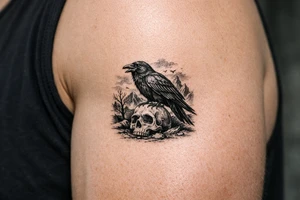 a raven standing on a skull, landscape. tattoo idea