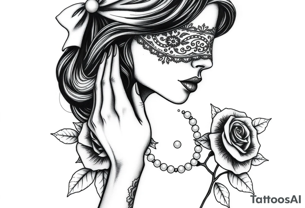 Black and white profile of woman with chin pressed on hand, hate with lace covering her eyes, pearl necklace in her mouth with red lips flowers around her with one red rose standing out tattoo idea