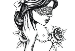 Black and white profile of woman with chin pressed on hand, hate with lace covering her eyes, pearl necklace in her mouth with red lips flowers around her with one red rose standing out tattoo idea