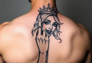 powerful blond findomme princess with crown on, holding up her middle finger laughing at you for being pathetic tattoo idea