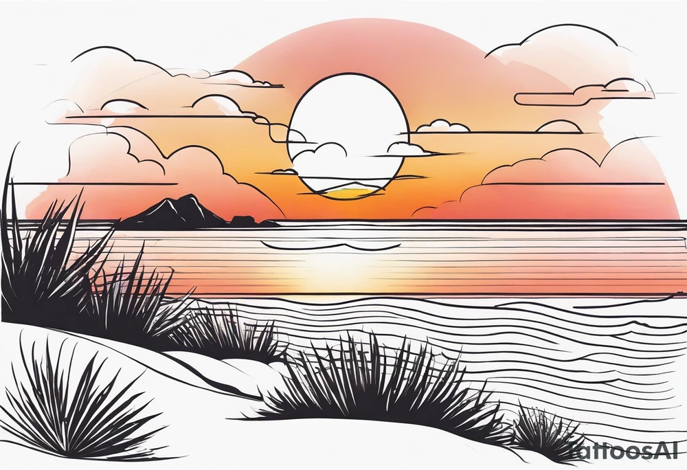 negative space linework canaba on a beach at sunset tattoo idea