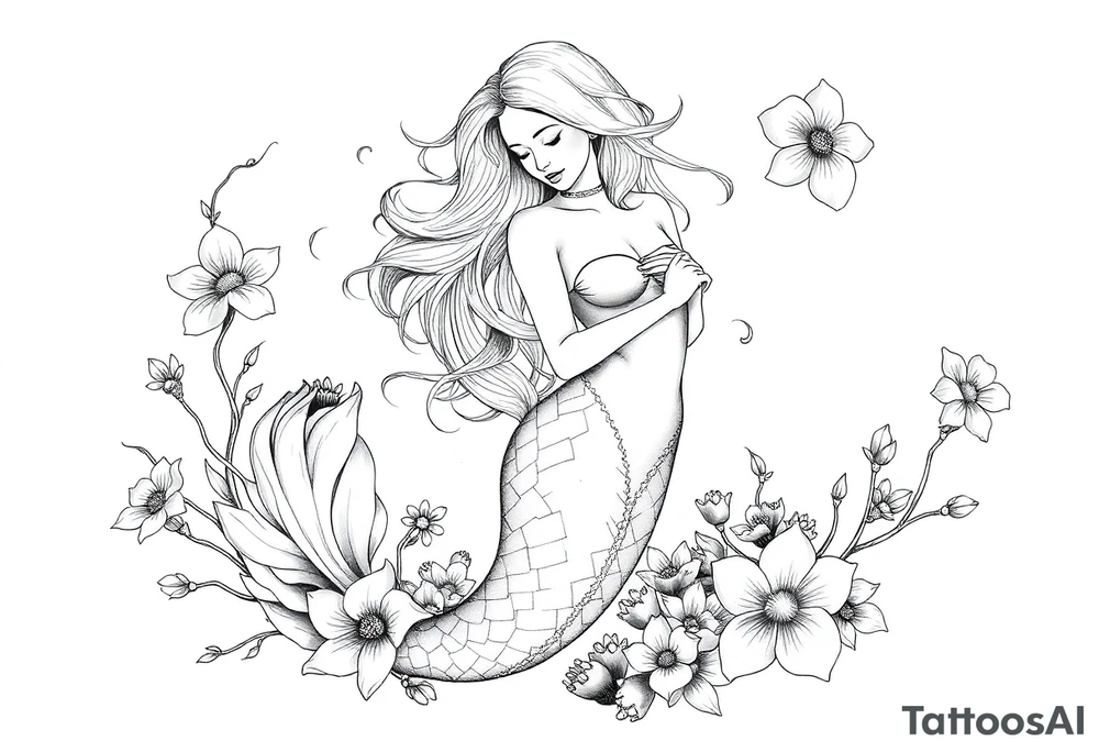 ethereal mermaid with flowing hair among coral and sea flowers tattoo idea