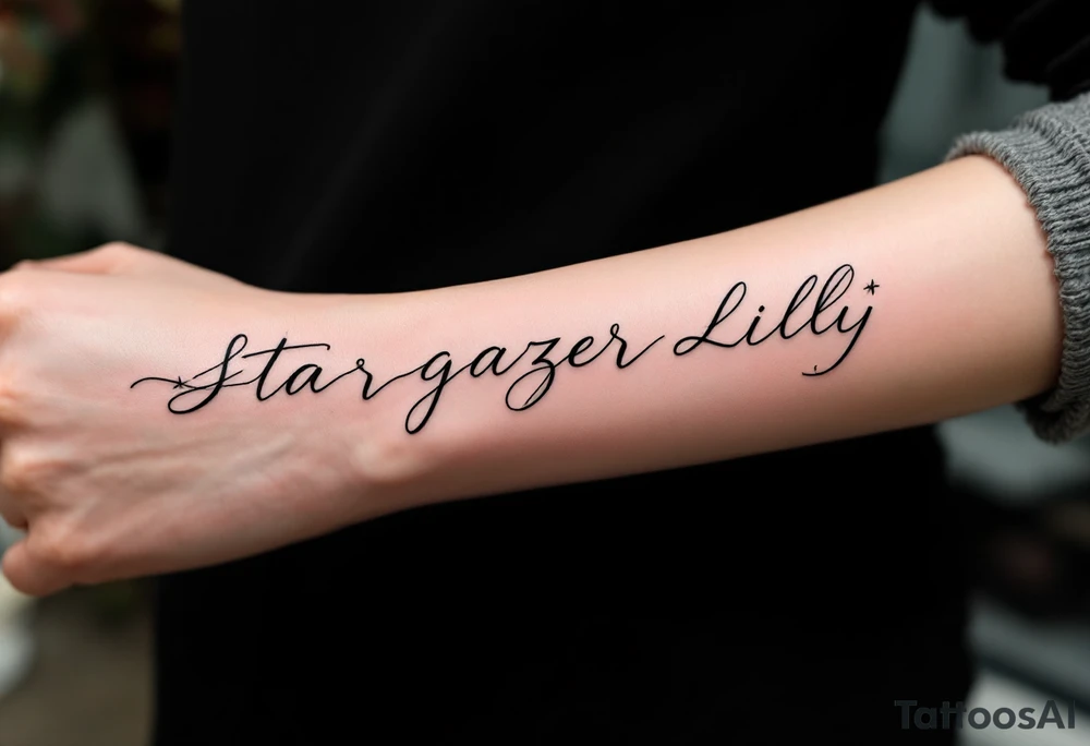 Stargazer Lilly full flower
with these words on stem in cursive (Rix Rys & Ari) long elegant stem with subtle shadowing through drawing in pink hues tattoo idea