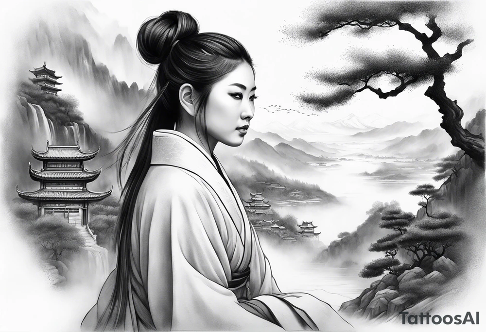 forearm sleeve traditional chinese art painting style autumn mountains mist fog water Chinese temple female with pony tail wearing robes seated meditating far away in the distance tattoo idea