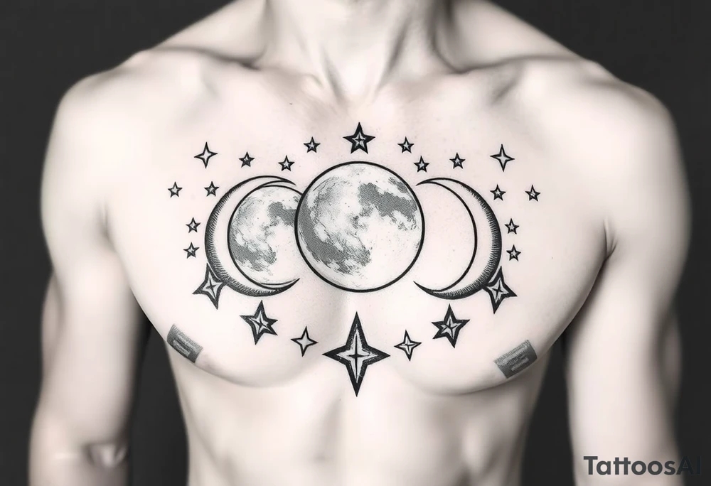 Breast plate and upper abs tattoo moons and stars cartoony tattoo idea