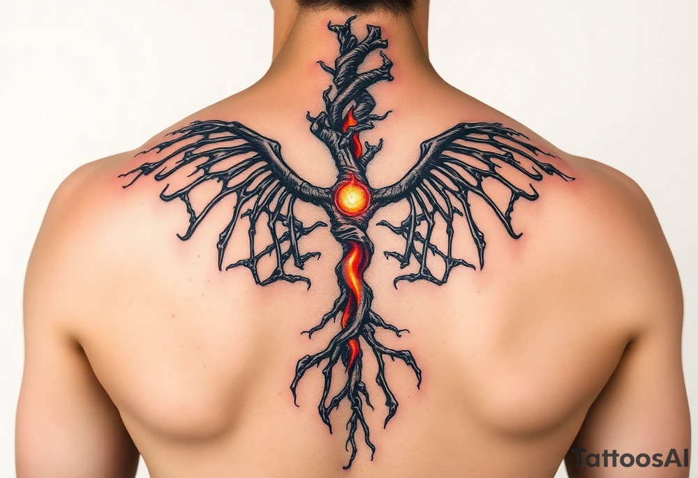 1. “Burnt Offerings”
Theme: Healing through destruction.
Visual: Charred tree roots climbing up your spine, turning into flames halfway, then slowly transforming into skeletal wings—unfinished, like you stopped mid-rebirth. The middle of the spine glows dimly, like coals never fully put out.
Vibe: You survived, but not clean. You carry the burn.
Make it feminine tattoo idea
