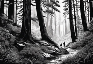 A shadow of a Man and Woman and young son and young daughter  walking through the Pacific Northwest Forrest. Religious tattoo idea