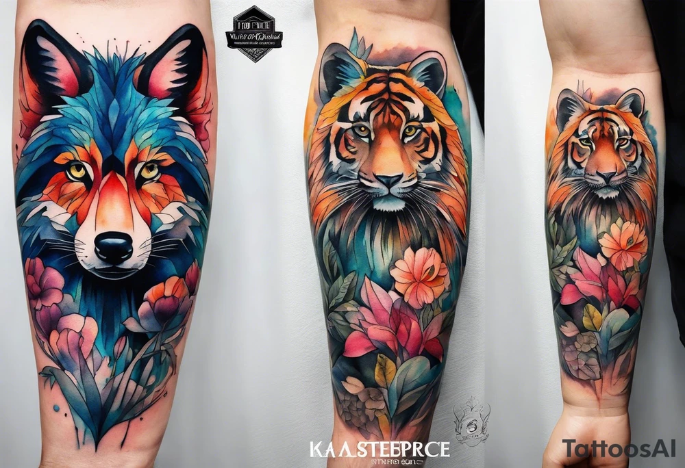 Watercolour style arm tattoo of animals and wildlife in Amsterdam tattoo idea