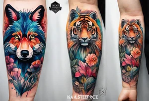 Watercolour style arm tattoo of animals and wildlife in Amsterdam tattoo idea