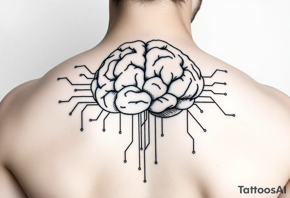 Elegant line art of a human brain connected to circuit lines, symbolizing programming and logic tattoo idea