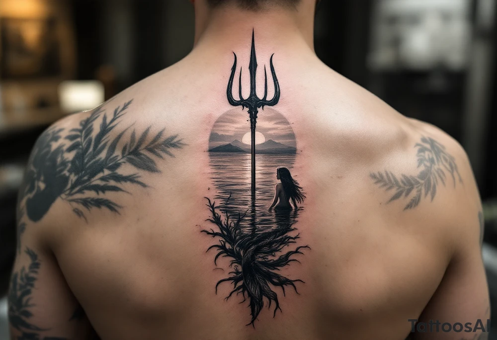 trident half way under calm water with mermaid at sunset tattoo idea