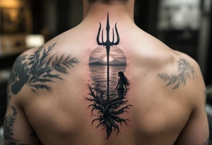 trident half way under calm water with mermaid at sunset tattoo idea