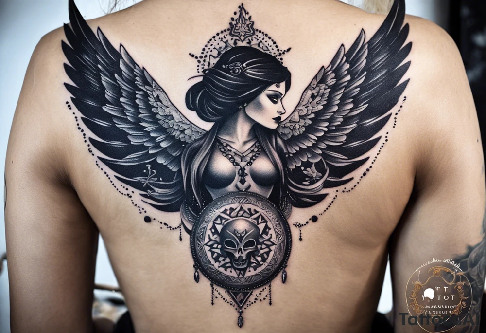 black kali, goddess pirate, alien, angel, pachamama, valkrye, warrior, flying, skull, lotus azul, wing, eagle, zenza resonance, stars, 5D, anahata chakra, death, durga, riding on a tiger, flying lady, chest tatoo tattoo idea