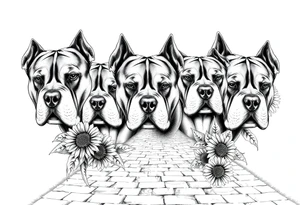Multiple very thick muscled up pitbulls' portraits fading into the background as filler incorporate sunflowers, an old road made from pavers tattoo idea