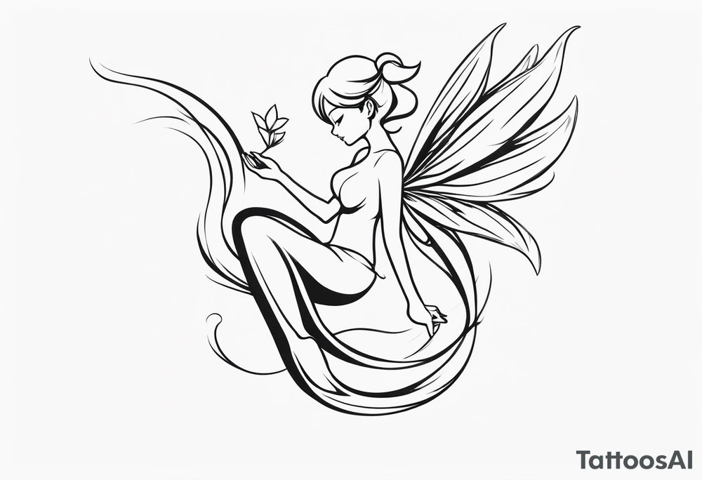 Minimalistic, monochromatic fairy with a tail flying to the left in a fetal position, leaning and looking in the same direction, with visible hands, embodying the 'Fairy Tail' logo aesthetic. tattoo idea