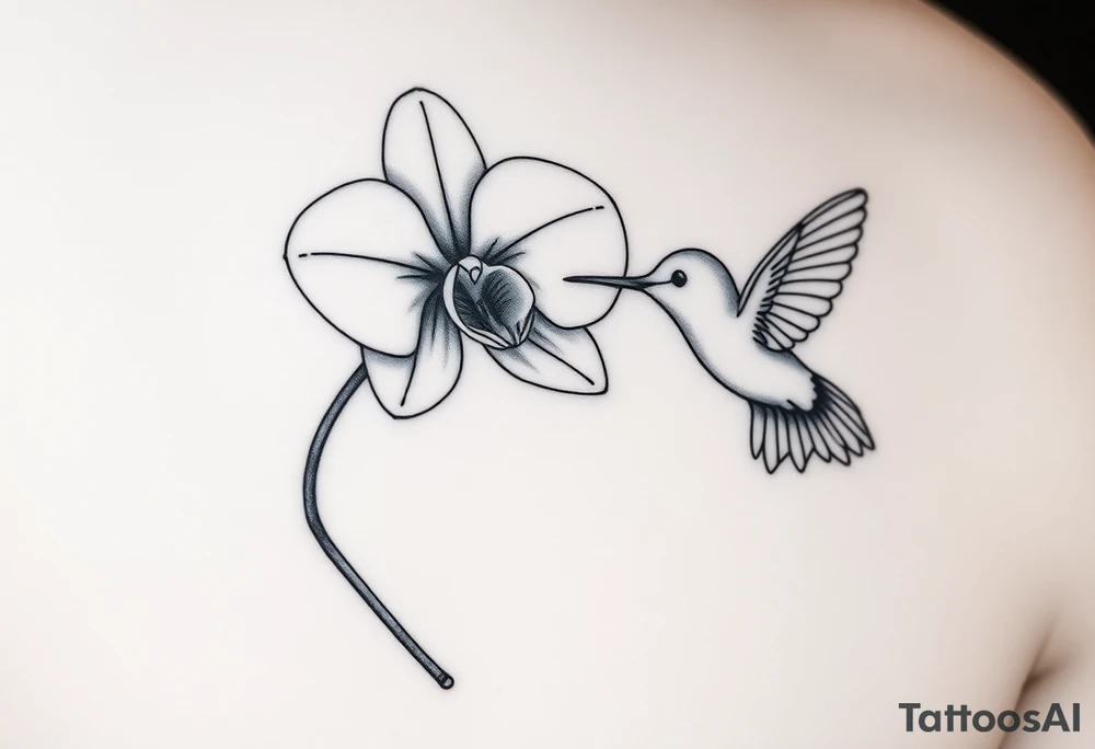 A delicate, black and white fine-line tattoo for make, featuring a gracefully detailed orchid in full bloom (stem and at least 2 flowers), with soft, intricate petals and elegant curves. Beside it, a hummingbird hovers mid-flight, its wings drawn with subtle motion lines, its slender beak reaching toward the orchid’s center to drink its nectar. The design captures a sense of balance and harmony, with the contrast between the stillness of the flower and the gentle energy of the bird. Perfectly suited for the upper arm, this piece combines nature’s beauty and movement in a timeless style tattoo idea