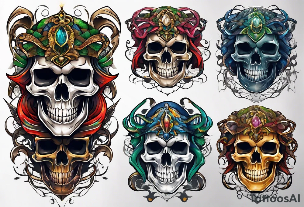 skull and snake wirh 4 colors tattoo idea