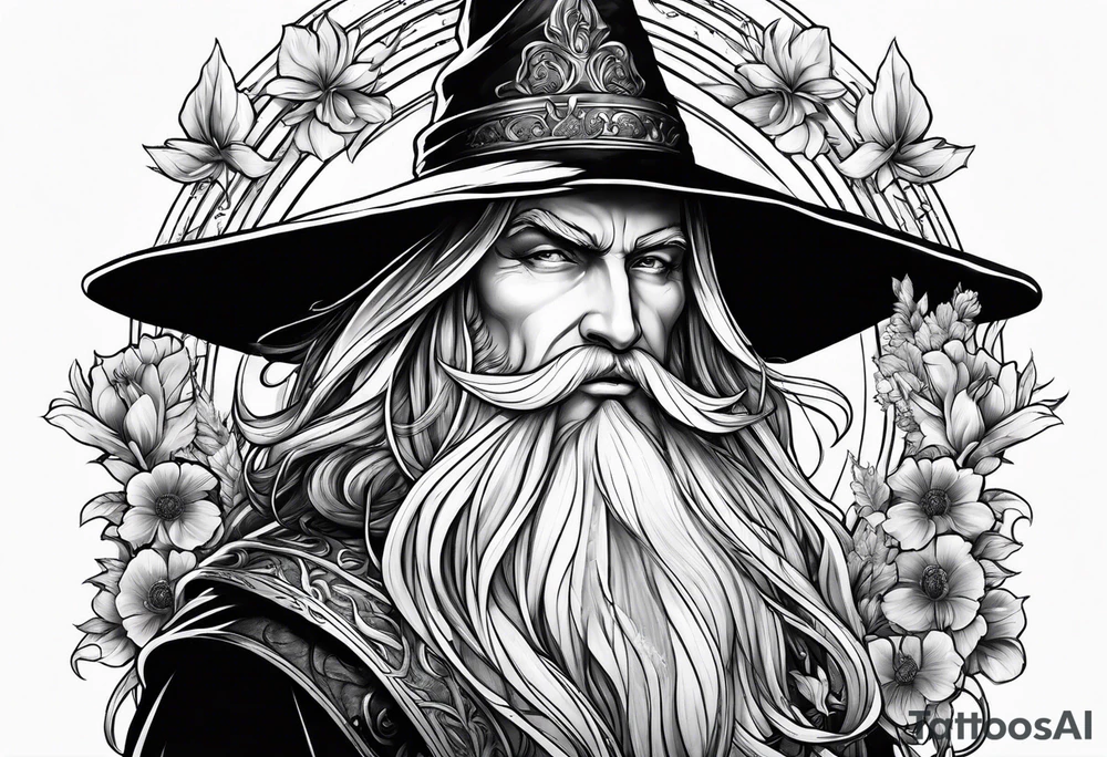 Wizard with a sword and flowers tattoo idea