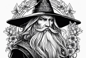 Wizard with a sword and flowers tattoo idea