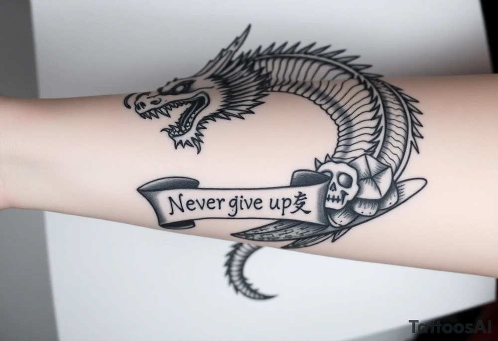 i want a big dragon on the forearm that wraps around the forearm with its tail. No wings. I want to be chinese and looking angry. I want a skull or some skulls involved in the tattoo. I want a banner that has «Never give up» written on it in chinese letters. I want the numbers 99/04 somewhere on it aswell. tattoo idea