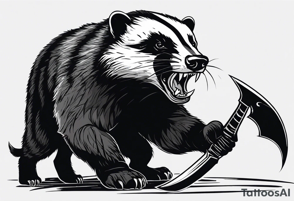 Draw me psychopath Fearless Honey Badger/Berserker with aggressive full body, killer face with a scary smile, very long nails and he attacks like a Bloody Assassin/Warrior/Gladiator to us and also, he has very deadly looking. He fights with his nails only. Everybody scares after their first sight. Give me horror type Badger Tattoo. I want to see his Realistic full body with no weapons. You can show destruction at the back. tattoo idea