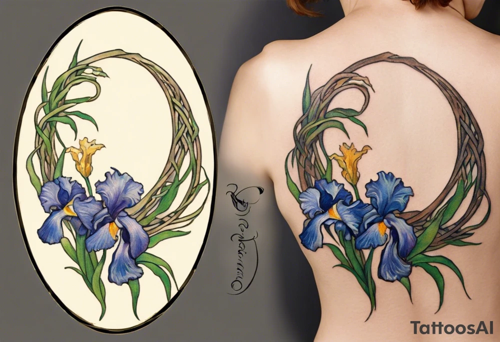 Create a small colorful Vincent van Gogh Irises tattoo in the form of a crescent, with vines or Celtic knots gracefully intertwining at a central point in the middle of the wreath.  In the middle of the wreath are mountains and other items found in New Mexico. Ensure that the design avoids the appearance of a bush and maintains a more structured and deliberate arrangement. The intended placement is on the upper chest. The overall design should be small in size while maintaining a delicate and artistic aesthetic. Pay attention to the graceful flow of the vines and the placement of the irises to achieve a refined and elegant look. tattoo idea