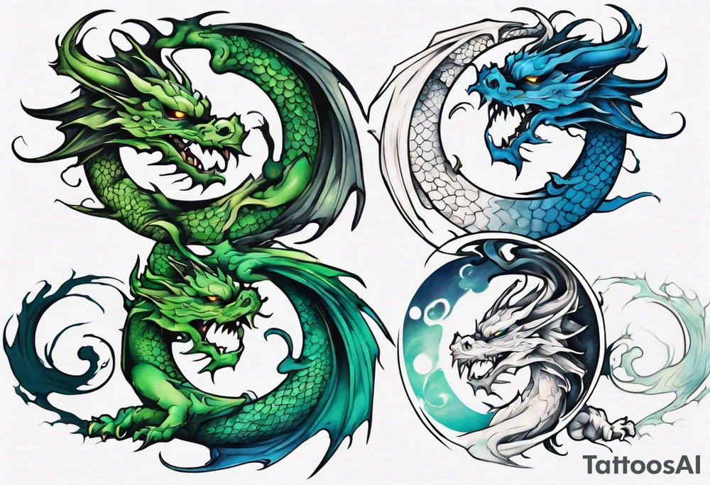 dragon half blue half green ying yang tattoo idea
