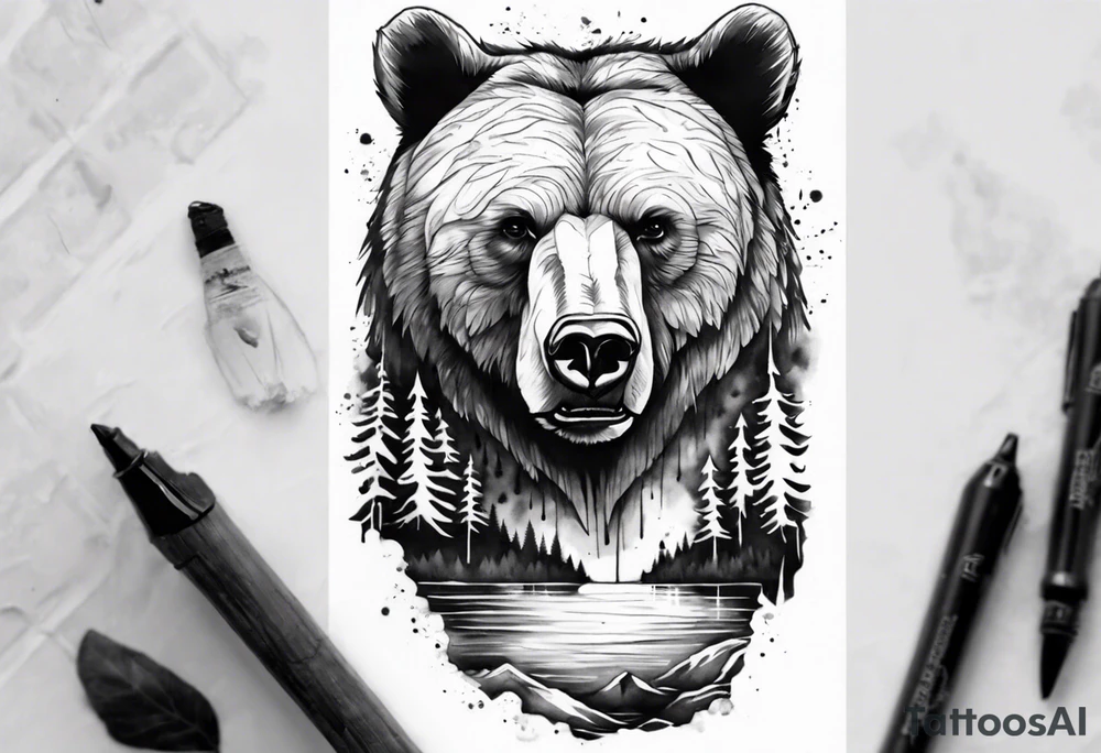 bear head right above the forest line with a lake below, full arm sleeve tattoo tattoo idea