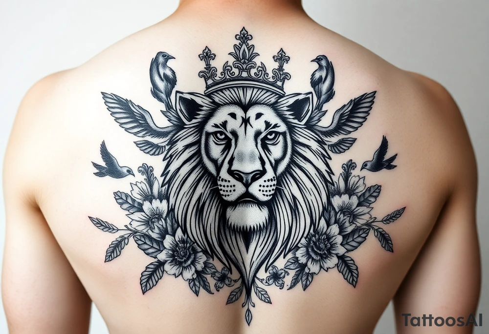powerful majestic lion with a crown, surrounded by floral ornaments and birds tattoo idea
