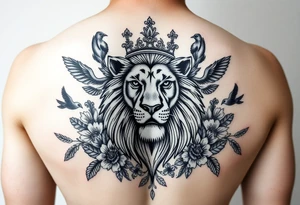 powerful majestic lion with a crown, surrounded by floral ornaments and birds tattoo idea