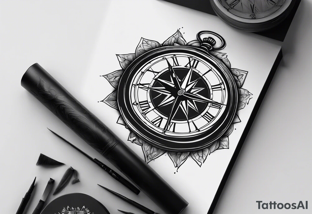 draw me a tattoo with an old clock and a compass rose. shadows of roman numerals are in the background. it is a tattoo located on the left shoulder of a man. it is black and white. tattoo idea