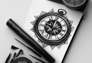 draw me a tattoo with an old clock and a compass rose. shadows of roman numerals are in the background. it is a tattoo located on the left shoulder of a man. it is black and white. tattoo idea