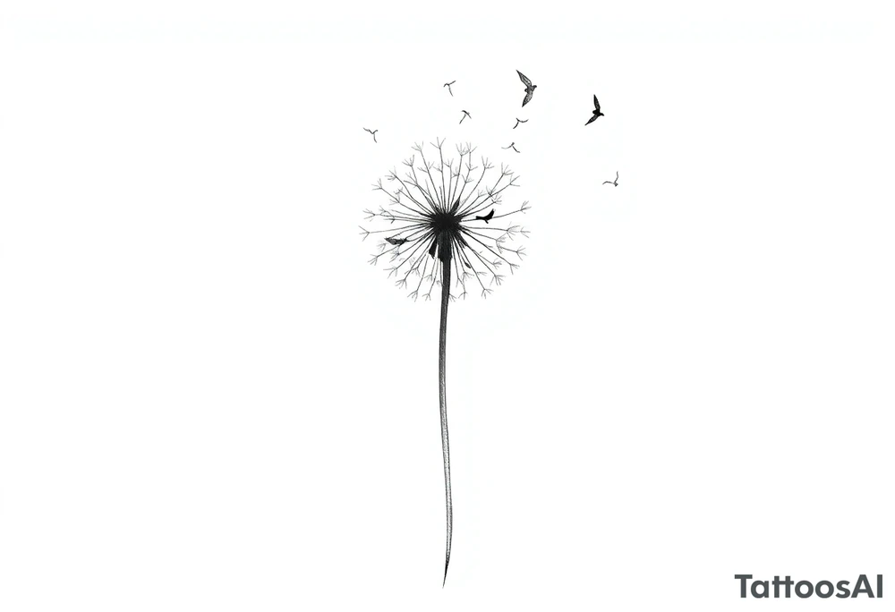 Dandelion tattoo representing motherhood, blowing in the wind giving myself to the next generation. Five birds for my children and two white birds for the children I lost. Whimsical and fine line. More artistic and soft. Still not right. Try again tattoo idea