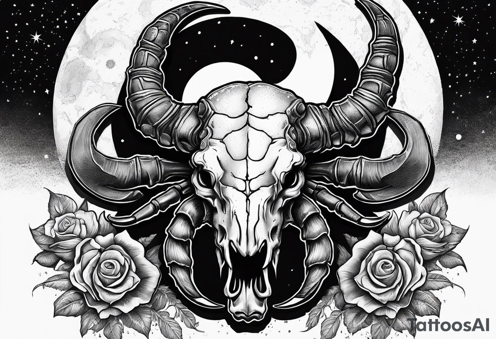 Scorpion crawling on ram skull with moon in background tattoo idea Scorpion crawling on ram skull with moon in background tattoo idea