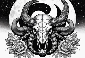 Scorpion crawling on ram skull with moon in background tattoo idea