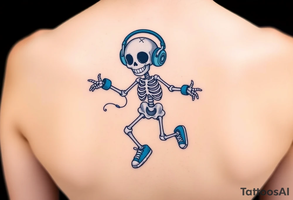 Cute smiling skeleton jumping on a jump rope with blue headphone and blue tennis shoes and blue armbands with nice  music notes on the headphones tattoo idea