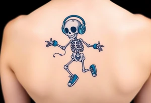 Cute smiling skeleton jumping on a jump rope with blue headphone and blue tennis shoes and blue armbands with nice  music notes on the headphones tattoo idea