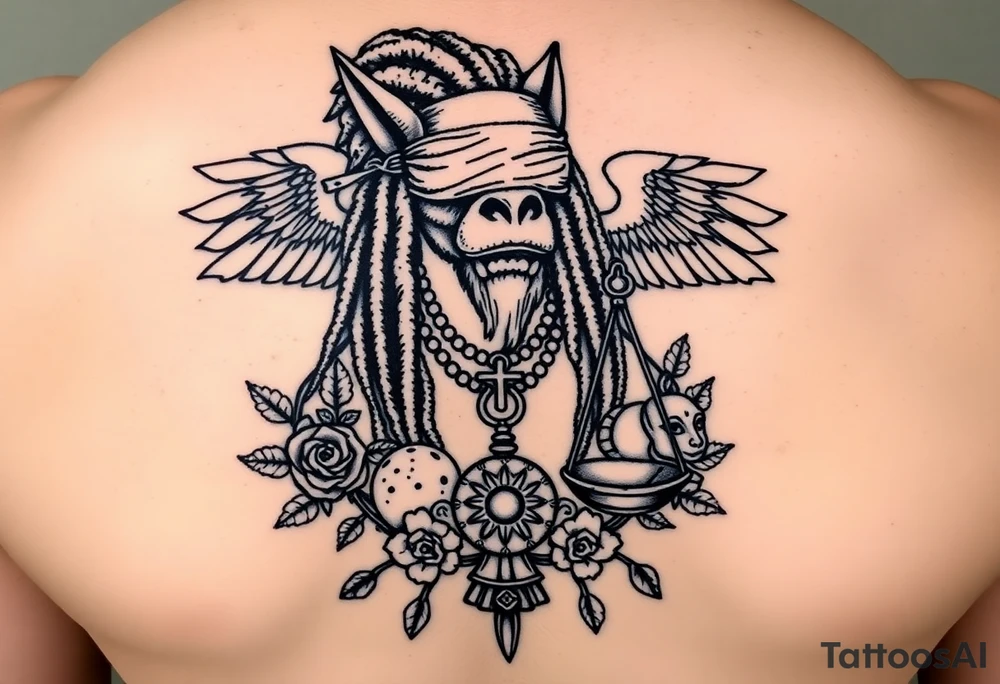 Slyph with dreads wearing blind fold and ankh pendant with tattoos holding weighing scales with the sun and moon rose vines surrounding and Anubis guarding tattoo idea