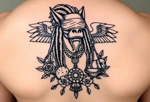 Slyph with dreads wearing blind fold and ankh pendant with tattoos holding weighing scales with the sun and moon rose vines surrounding and Anubis guarding tattoo idea