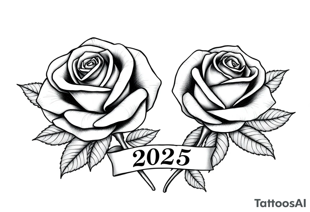 two beautiful large rose buds, one larger than the other, with lots and lots of leaves next to the rose buds, with one sitting slightly higher than the other, side-by-side.  Include a banner connecting the two roses with the year 2025 on it.   Use dark outlines with little shading. Remove all stems from the roses. tattoo idea