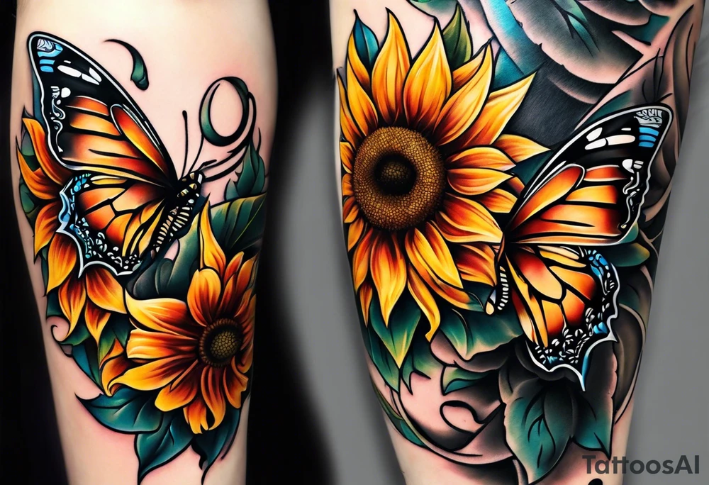 Sunflower and butterfly leg sleeve tattoo idea