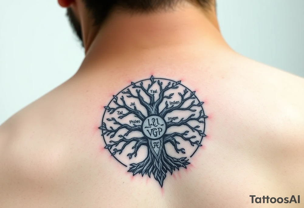yggadrisl tree of life with circle of runes names Jai, Phoebe, Imogen, Matilda on four branches tattoo idea