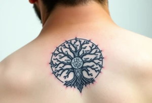 yggadrisl tree of life with circle of runes names Jai, Phoebe, Imogen, Matilda on four branches tattoo idea