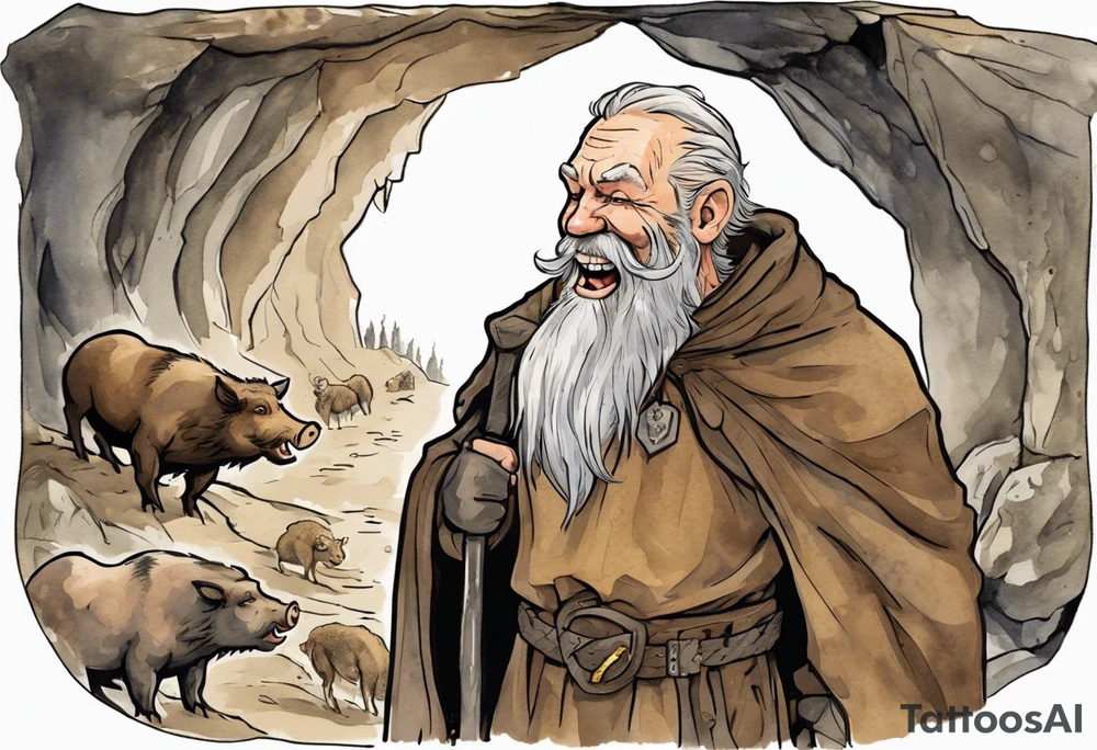 a 55-year-old medieval Nordic man with a grey beard laughing with a gold tooth wearing a brown and black cloak standing next to a boar in front of a cave tattoo idea