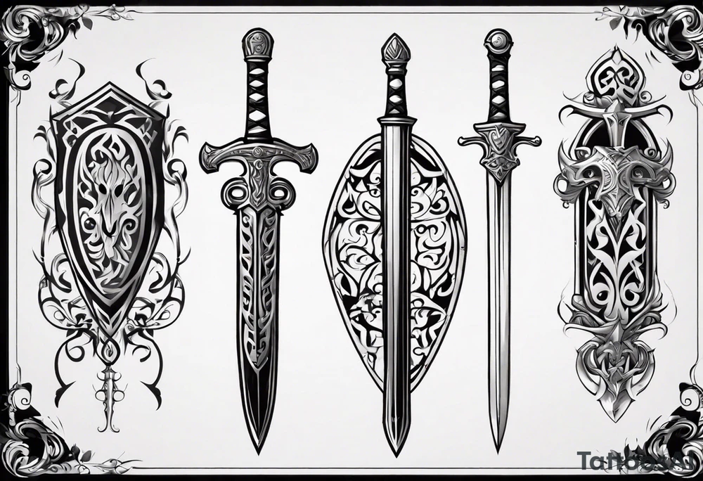 Sword behind shield filigree tattoo idea