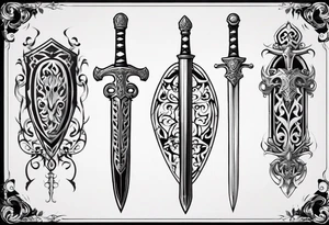Sword behind shield filigree tattoo idea