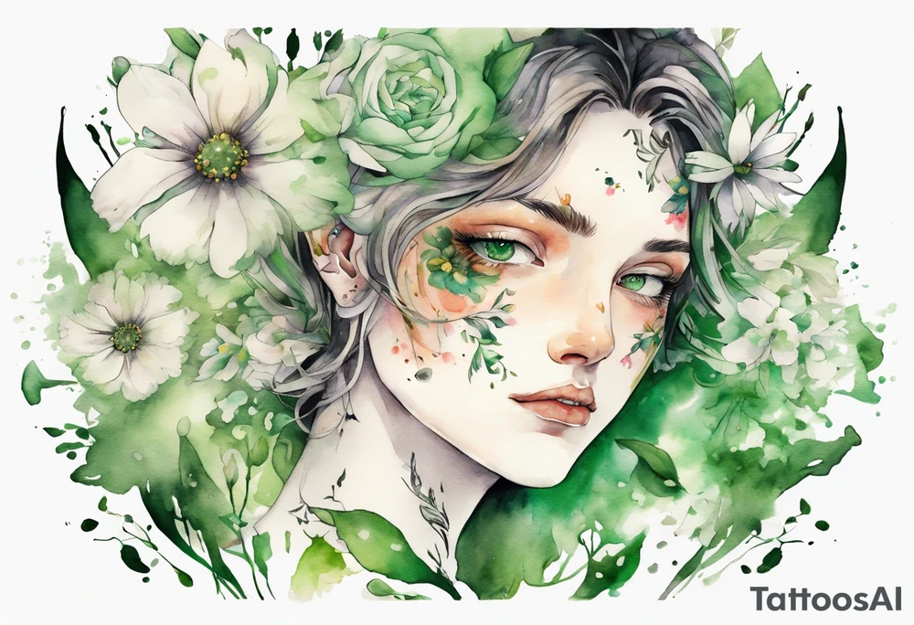 a handsome face covered in flowers with green eyes tattoo idea