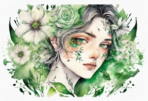 a handsome face covered in flowers with green eyes tattoo idea