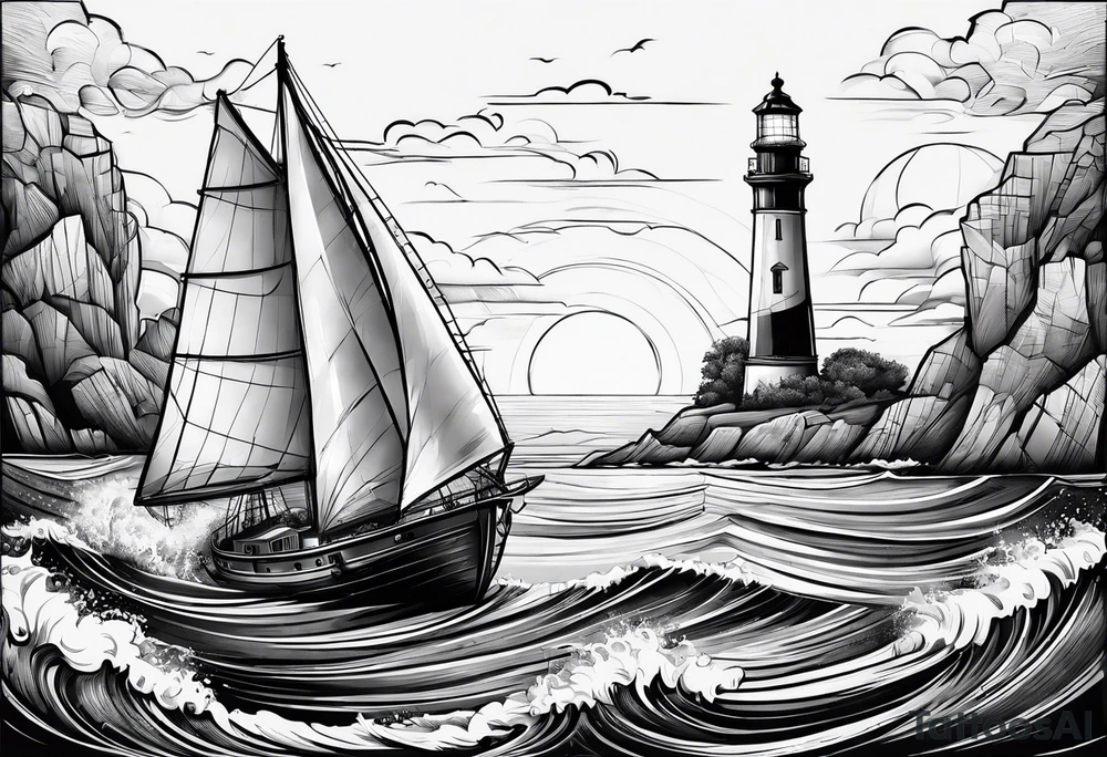phare maritime dans un bateau a voiles. tattoo idea